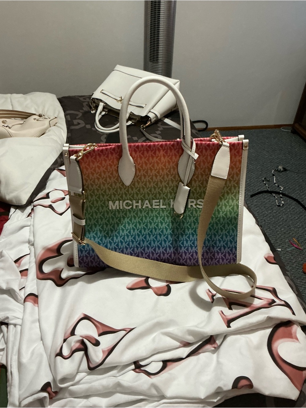 Michael Kors Rainbow Monogram Tote with White Trim